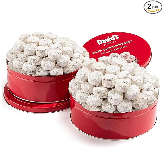 David's Cookies Gourmet Butter Pecan Meltaway Round Tin with Crunchy Pecans and Powdered Sugar