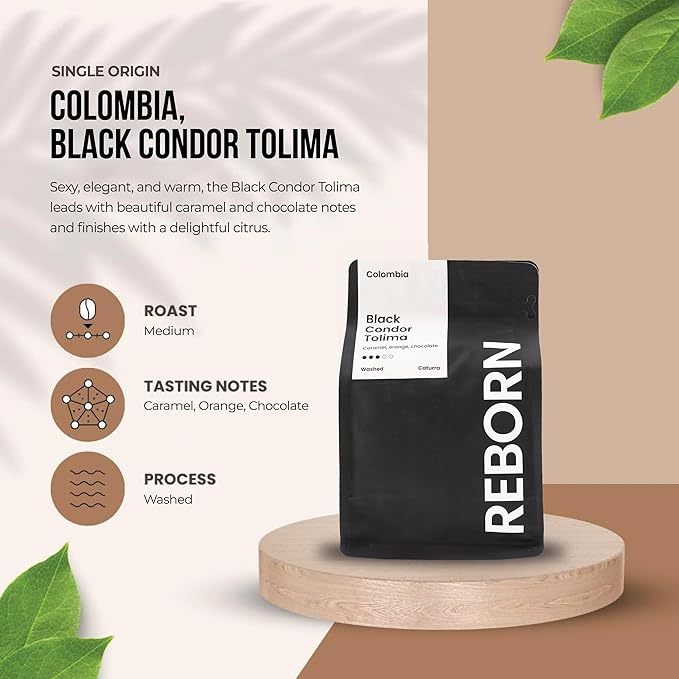 Reborn Coffee Specialty Whole Bean Coffee, Medium Roast, 12 Ounce, Colombia Black Condor Tolima