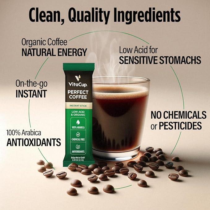 VitaCup Perfect Low Acid Instant Coffee Packets, Dark Roast Coffee, USDA Organic & Fair Trade