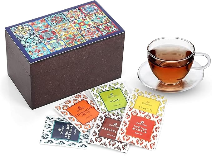 Octavius | Tile Motif Wooden Caddy Tea Sampler Pack | Assortment of 3 Black & 3 Green Teas | 30