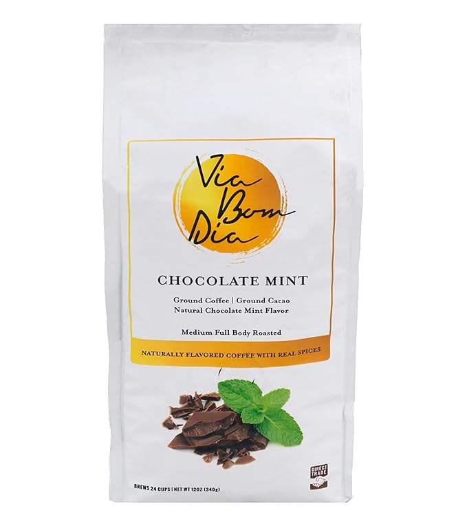 Via Bom Dia 100% Naturally Flavored Ground Coffee, Chocolate Mint, Medium Roast, No Artificial