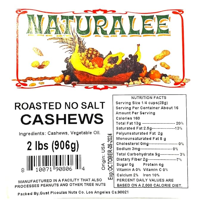 Naturalee Cashews 2 lbs - Roasted, Unsalted - Natural Heart Healthy Snack