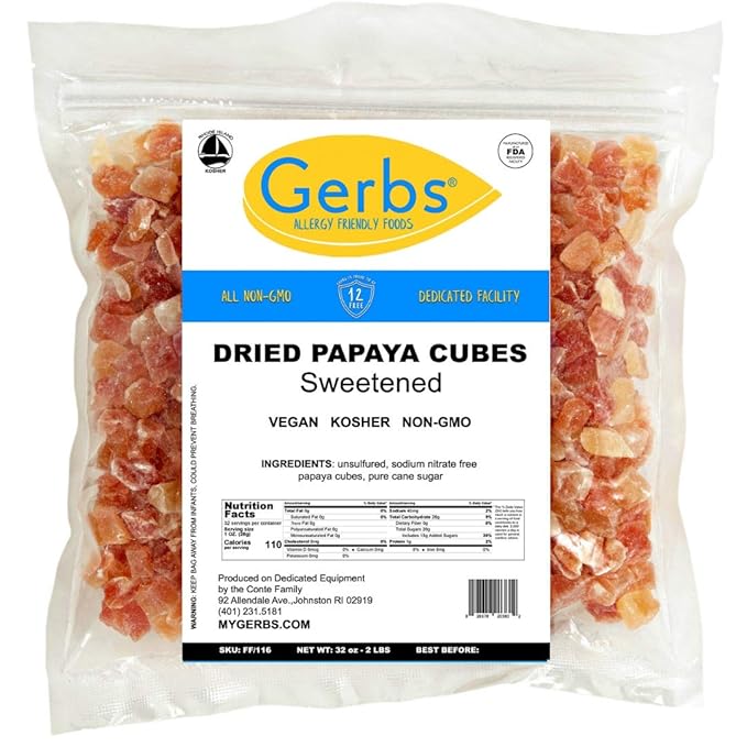 Gerbs Lightly Sweetened Dried Papaya Cubes 2 lbs. | Unsulfured, No Additives, Resealable Bag |