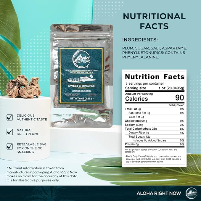 Aloha Right Now - Sweet Li Hing Mui Crack Seed Dried Plums (8 oz) - Li Hing Mui Candy for Snacking