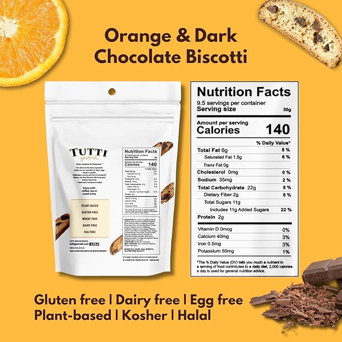 Tutti Gourmet Gluten Free Orange & Chocolate Biscotti, 9.9 oz (283g) Resealable Cookie Bag - Vegan