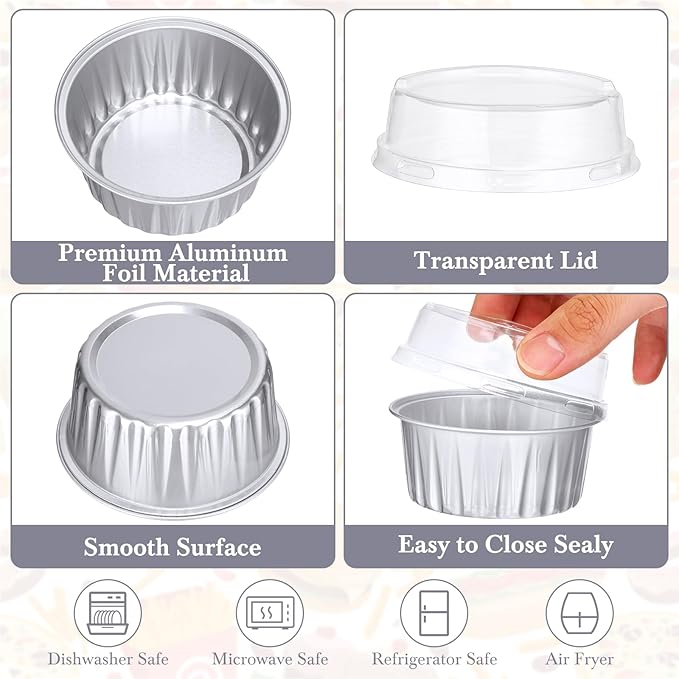 Gejoy 400 Pcs Aluminum Foil Baking Cups with Lids 5 oz Disposable Ramekins Mini Cake Pans Creme