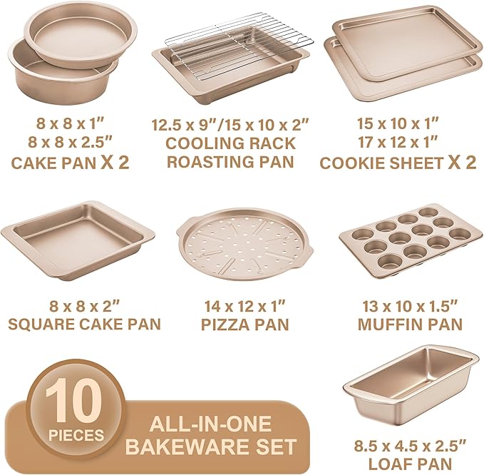 HONGBAKE Bakeware Sets, Baking Pans Set, Nonstick Oven Pan for Kitchen with Wider Grips, 10-Piece