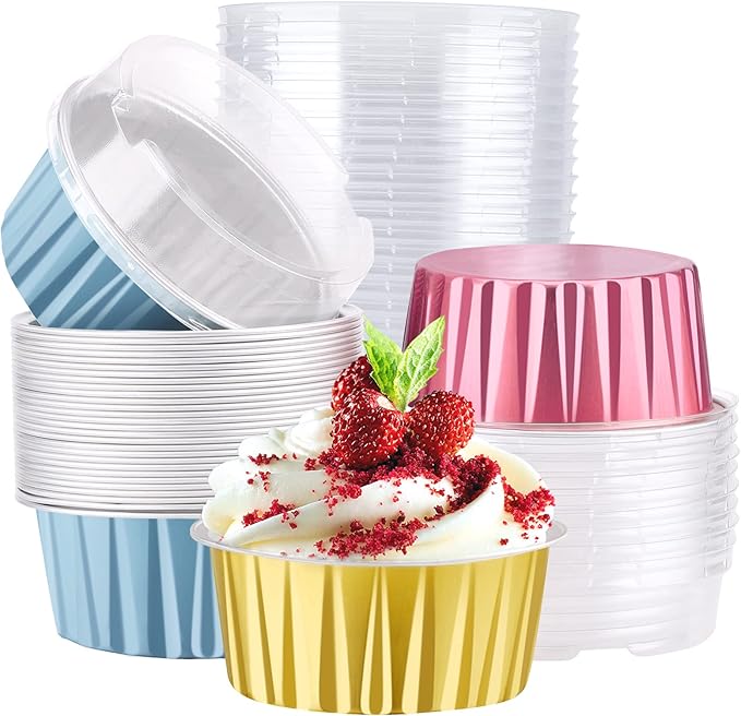 EUSOAR Mini Aluminum Pans with Lids, Pack of 30 Gold Bule Red 5oz Disposable Aluminum Foil Cupcake