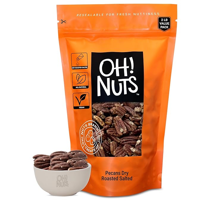 Oh! Nuts Pecans Dry Roasted Salted - All Natural Salted Pecans Halves - 2 lb Bulk Bag - Oil-Free