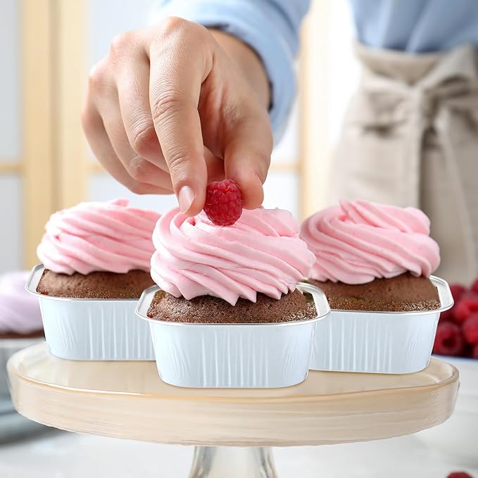 Aoriher 150 Pieces 10 oz Mini Cake Pans with Lids Aluminum Foil Baking Cups Square Disposable 4" x
