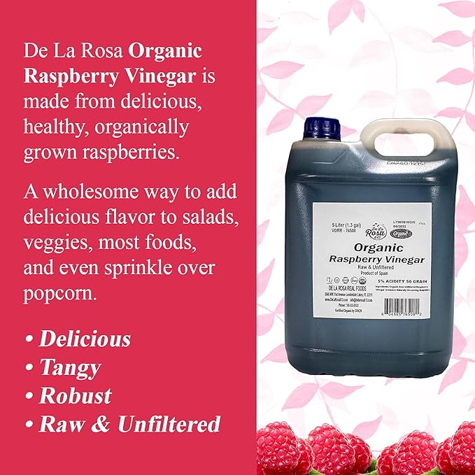 De La Rosa Organic Raspberry Vinegar, Raw & Unfiltered Pure Vinegar, Vegan, Gluten Free & Kosher