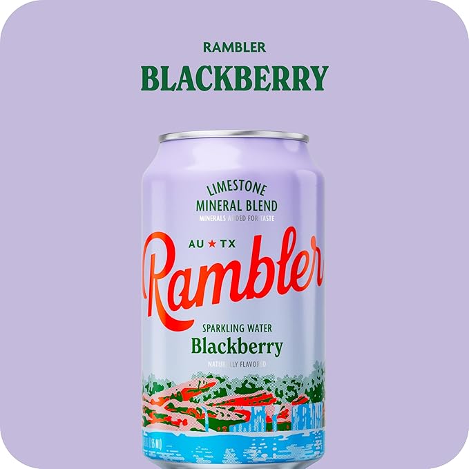 AUTX RAMBLER Sparkling Water, Texas Limestone Mineral Blend, Blackberry Flavor, 12-Ounce Cans