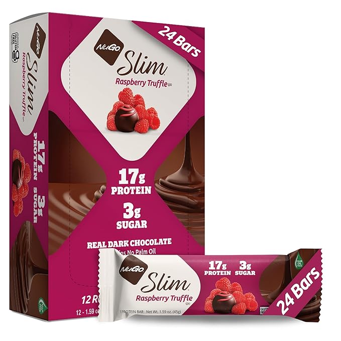 NuGo Slim Dark Chocolate Raspberry Truffle, 17g Protein, 2g Sugar, 7g Fiber, Low Net Carb, Keto