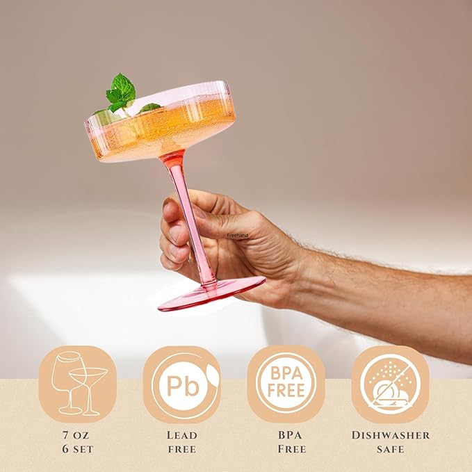 Khen Pastels Colored Vintage Art Deco Coupe Glasses - Martini, Cocktail & Champagne Ribbed Glasses