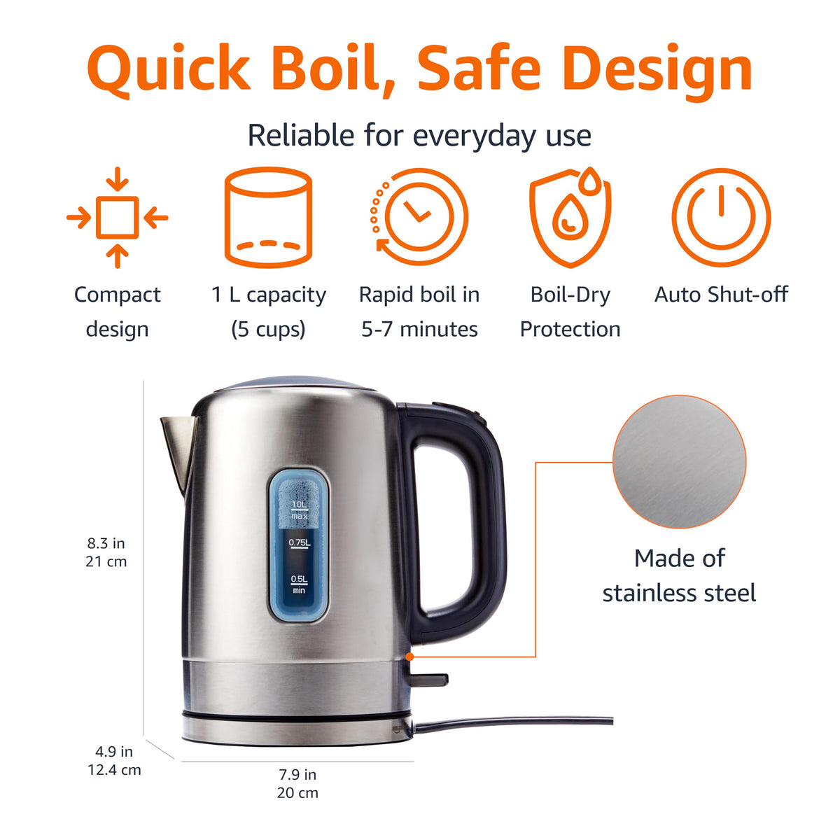 Amazon Basics Electric Stainless Steel Kettle for Tea and Coffee, BPA-Free, Fast Boiling, Auto