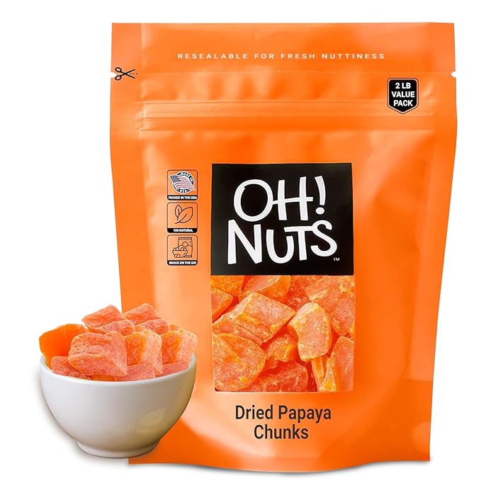 Oh! Nuts Dried Papaya Chunks - 2 lb - Dried Fruit Chunks - Less Sugar Added - Dehydrated Fruit