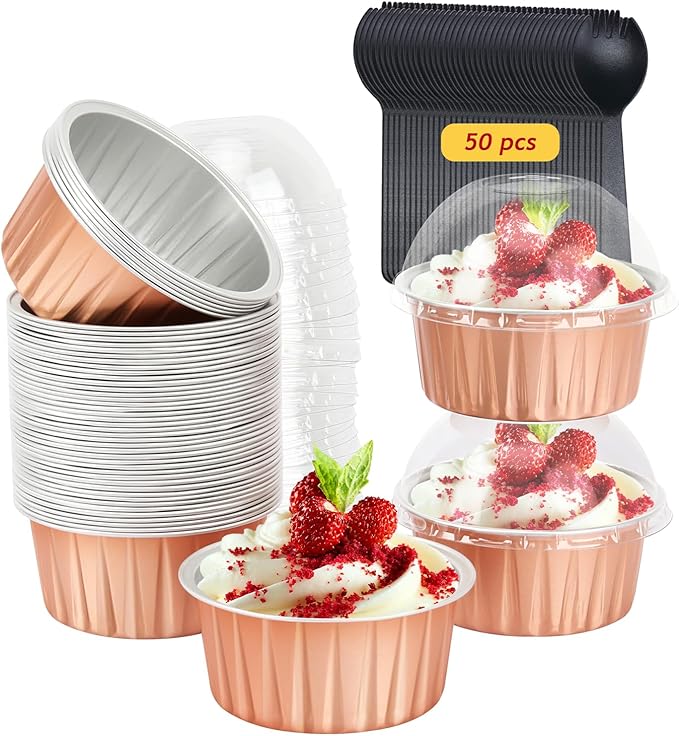 Jumbo 5oz Aluminum Foil Cupcake Liners with Lids 50 Pack,Free-Air Disposable Ramekins Muffin
