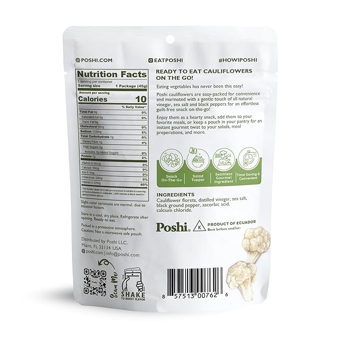 POSHI Marinated Cauliflower Florets Snack Pack | Salt + Pepper | Keto, Vegan, Paleo, Non GMO, Low