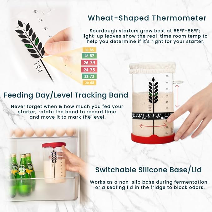 Sourdough Starter Kit - 38oz with Cookbook, Measuring Cup, Spatula, Wide Mouth Jar Cover