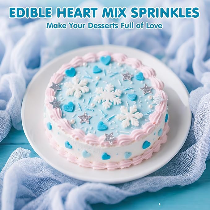 Edible Frozen Sprinkles ,Blue Heart White Snowflake Silver Star Pearl Jimmies