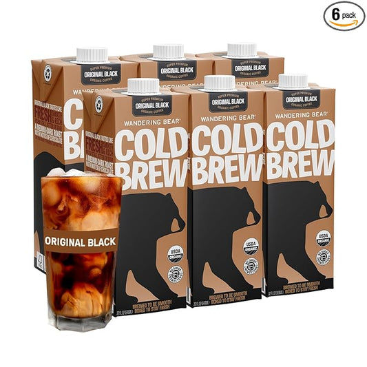 Wandering Bear Straight Black Organic Cold Brew Coffee, 32 fl oz, 6 pack - Extra Strong, Bold