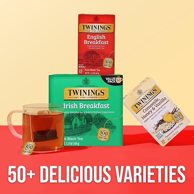 Twinings Irish Breakfast Black Tea Individually Wrapped Bags, 50 Count (Pack of 6), Flavourful