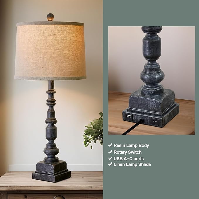 Oneach 27.75” Vintage Farmhouse USB A+C Table Lamps Set of 2 for Living Room Bedroom Traditional