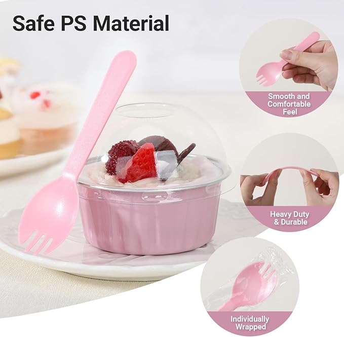 EUSOAR Disposable Ramekins with Lids and Plastic Sporks, 120pcs 5oz Mini Cheesecake Cake Pans