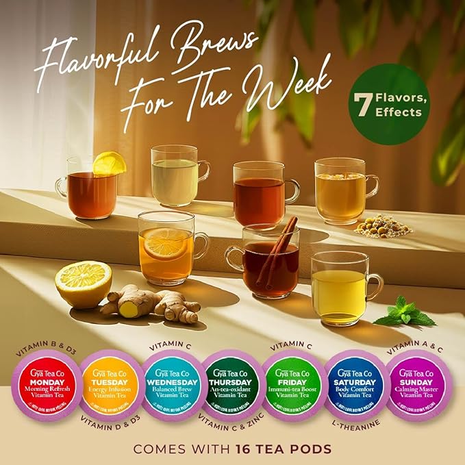 Gya Tea Co 7 Days Collection Tea Gift Set (16 ct) - Weekly Assorted Tea Pod Variety Pack with 7