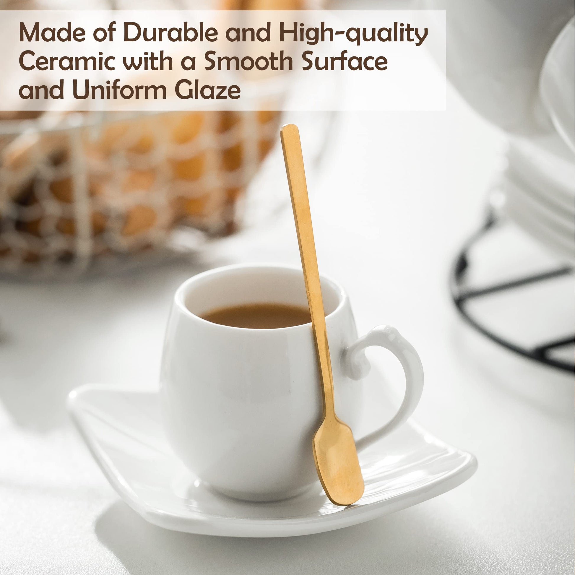 LYEOBOH Espresso Cups with Saucers Set, Porcelain Coffee Cups and Metal Stand and Spoons, Small