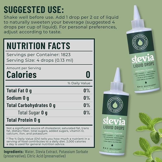 Natrisweet Liquid Stevia Drops, 8oz 2pack, Pure Sweetener from Stevia Extract, Plant-Based Sugar
