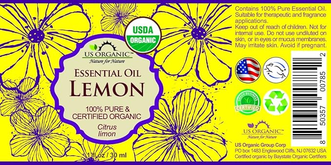 US Organic 100% Pure Lemon Essential Oil - USDA Certified Organic, Cold Pressed - W/Euro droppers