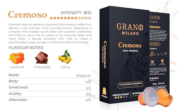 Grano Milano Cremoso Coffee Capsules - 50 Aluminum Coffee Pods Compatible with Nespresso Original
