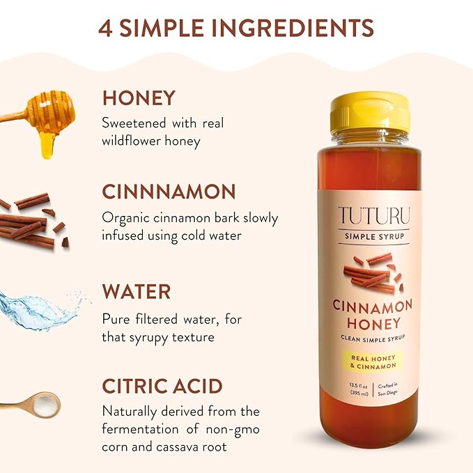 Cinnamon Honey Simple Syrup for Coffee, Cocktails, Tea, Matcha - Clean Simple Syrup with Real