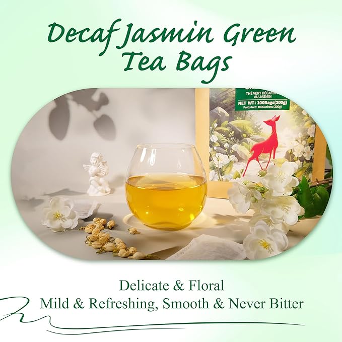 WT WEETEE Decaf Jasmine Green Tea Bags 100 Count, CO2 Decaffeinated Green Tea Infused with Jasmine