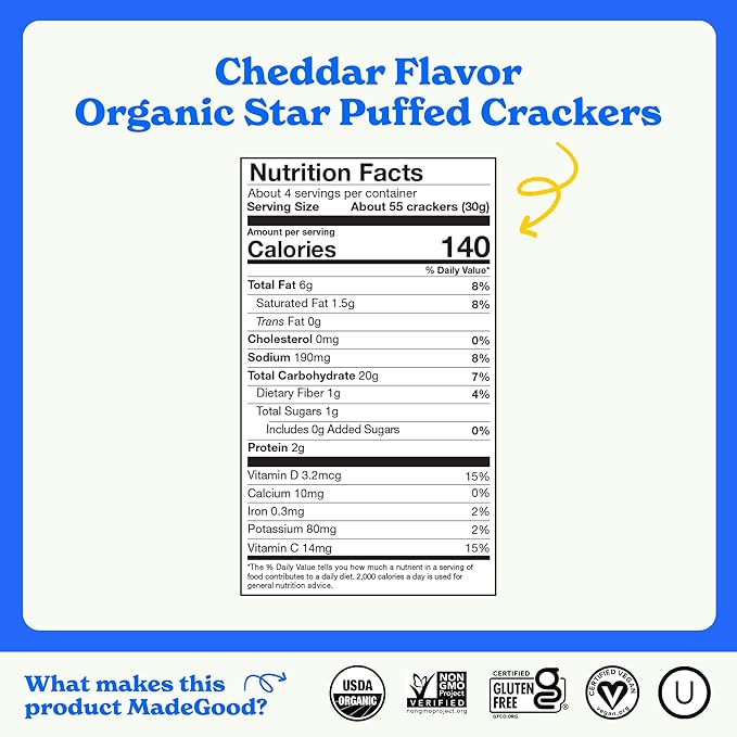 MadeGood Cheddar Star Puffed Crackers (6 Bags - 4.26 Oz Each) Gluten Free and Organic, Healthy