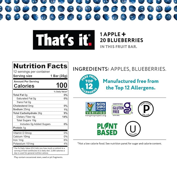 That's it. Apple + Blueberry 100% Natural Real Fruit Bar, Best High Fiber Vegan, Gluten Free
