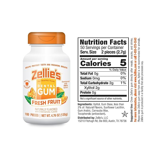 Zellie's | 100% Xylitol Fresh Fruit Chewing Gum | No Aspartame, Gluten Free, Vegan & Kosher (100