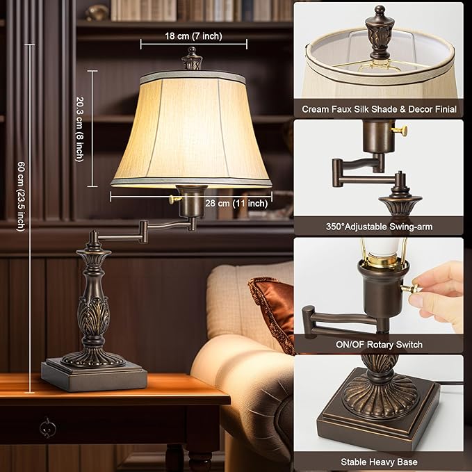 23.5" High Rustic Traditional 350° Adjustable Swing Arm Table Lamp Set of 2 with USB A+C Ports