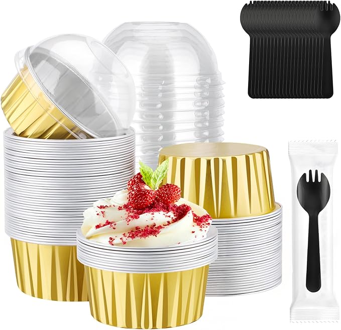 EUSOAR Gold Cupcake Liners and Sporks Disposable, 60pcs 5oz Disposable Aluminum Creme Brulee Muffin