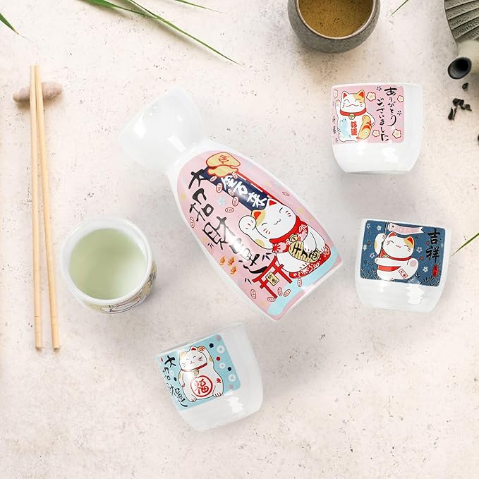 Goaste 5 Pieces Ceramic Japanese Sake Set, Durable Maneki Neko Sake Cups, Handmade Pottery Sake