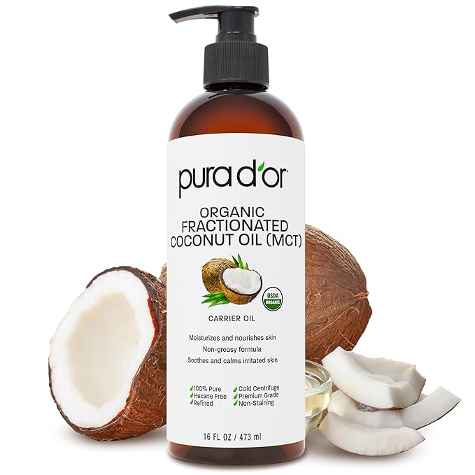 PURA D'OR 16 Oz ORGANIC Fractionated Coconut Oil - MCT Oil - 100% Pure & Natural USDA Certified