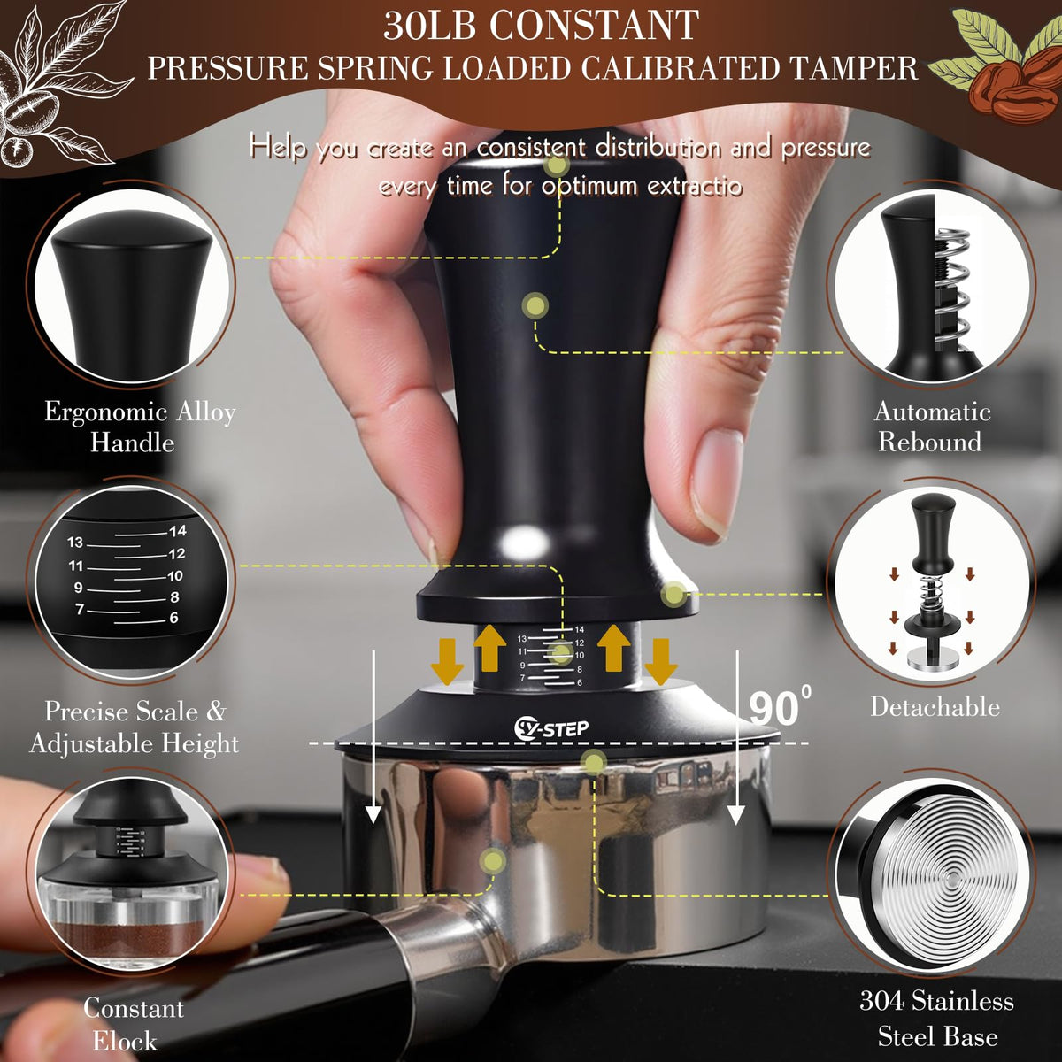 Y-Step 8 Pcs Espresso Accessories Kit, 51mm Espresso Tamper Kit Espresso Tools Barista Kit &