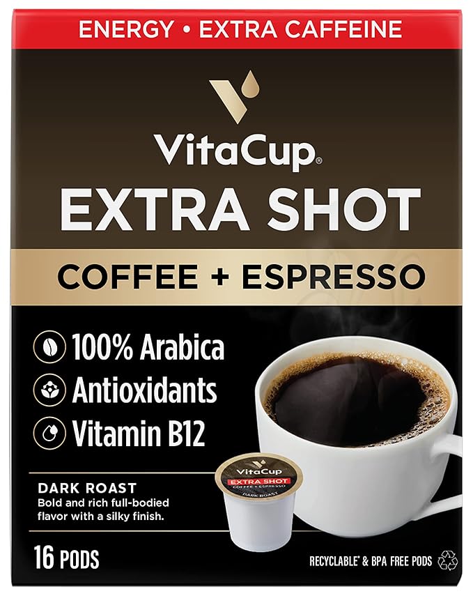 VitaCup Extra Shot Strong Coffee Pods, Bold & Intense Dark Roast w/Espresso Shot, High Caffeine