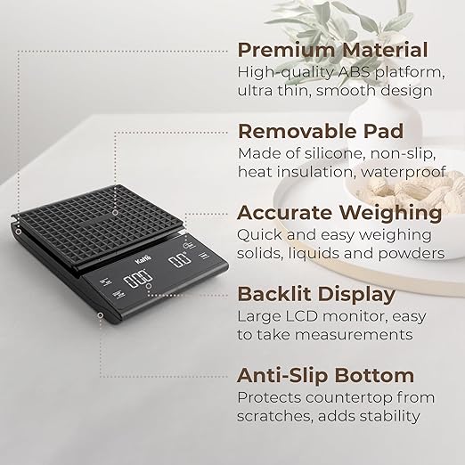 Kaffe Coffee Scale with Timer (3kg Max / 0.1g) - AAA Batteries Not Included - Backlit LCD Display