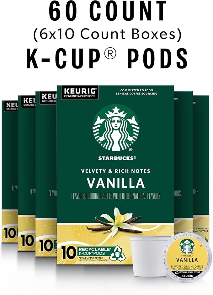 Starbucks K-Cup Coffee Pods, Vanilla Flavored Coffee, Naturally Flavored, 100% Arabica, 6 boxes (60