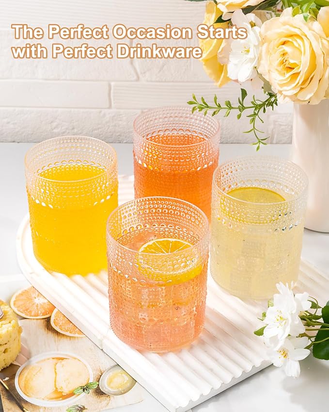 YOUBET 24PCS Plastic Hobnail Drinking Glasses - 14 Oz Clear Vintage Glasses Drinkware - Disposable