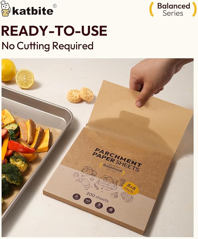 Katbite 200 Pcs Parchment Paper, 8 x 8 Inch Unbleached Baking Paper, Oil Resistant & Easy Clean