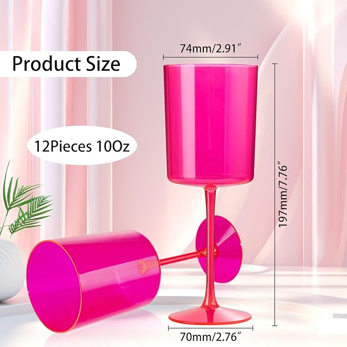 Ciaell 12 Pack Plastic Wine Glasses - 10Oz Hot Pink Plastic Wine Glasses With Stem - Disposable