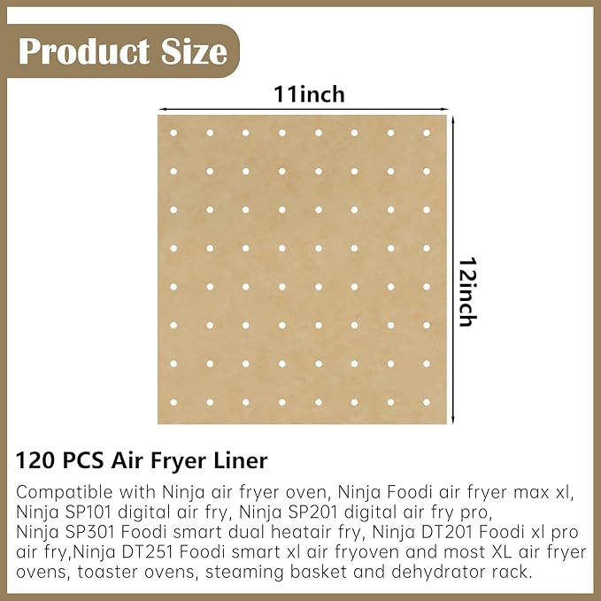 120 Sheets Air Fryer Oven Liners 11 x 12 Disposable Air Fryer Parchment Paper Liners Rectangle Non